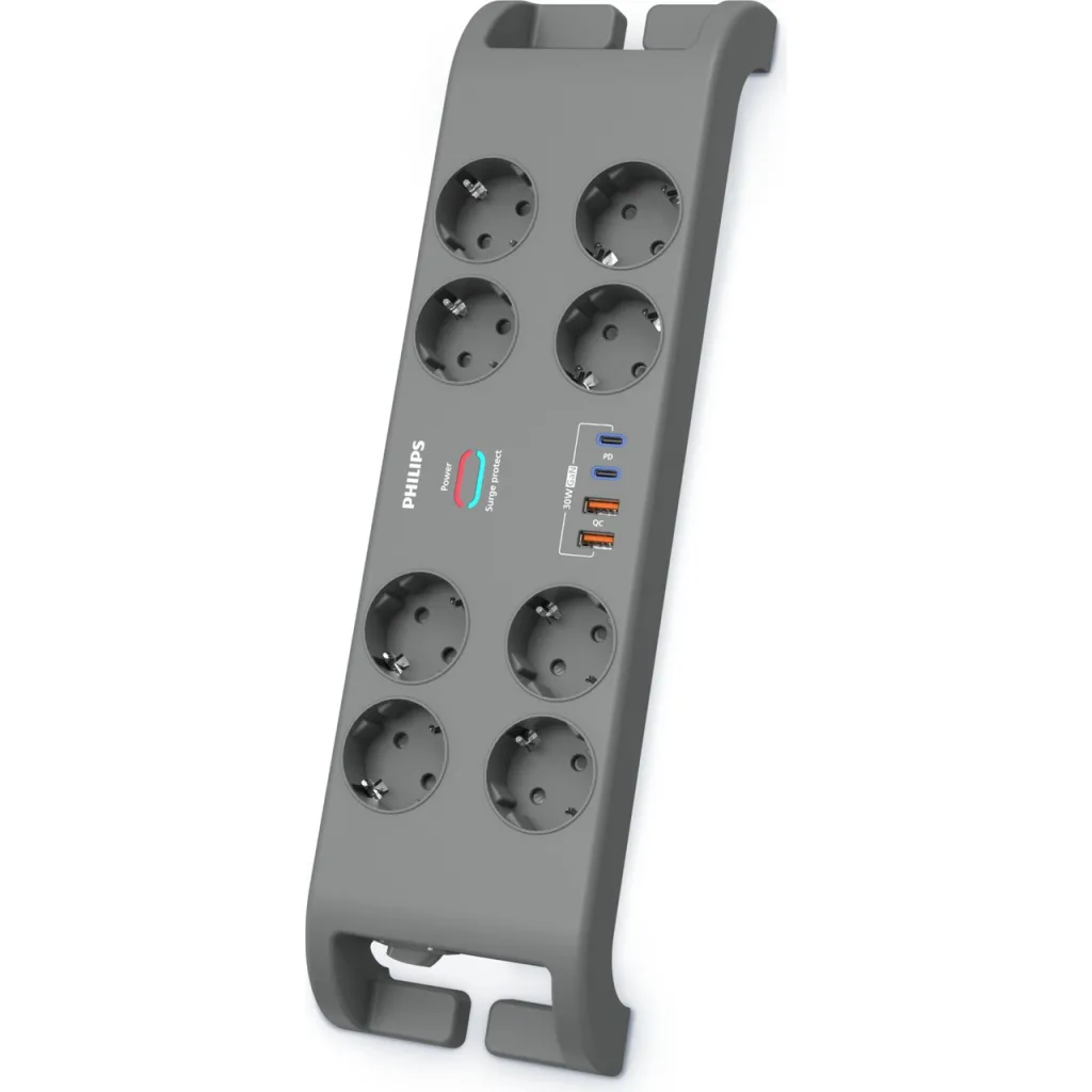 PHILIPS SPN8180GA/62, 8 Soket, Akım Korumalı Priz, 2400 Joules, 2Mt Kablo, 2xUsb-C PD 20W Hızlı Şarj, 2xUsb-A QC 18W, (Gri)