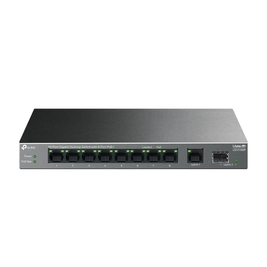 TP-LINK LS1210GP, Green Tech, 8 Port Gigabit, PoE 61W, 1 Port Gigabit Uplink, 1 Port Gigabit SFP, Yönetilemez Masaüstü Switch