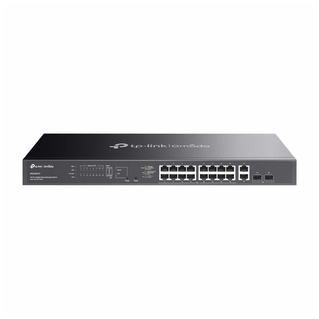 Omada ES220GMP, 16 Port Gigabit, 16 Port PoE+, 2 Port Gigabit SFP, 250W, Yönetilebilir, Rackmount Switch