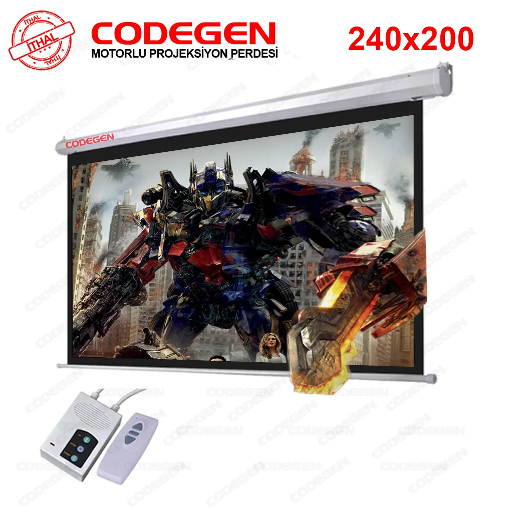 Codegen EX-24 MOTORLU PROJEKSİYON PERDESİ 240x200 Elektrikli Uzaktan Kumandalı (Arkası Siyah Fonlu - Duvar/Tavan Asılabilir)