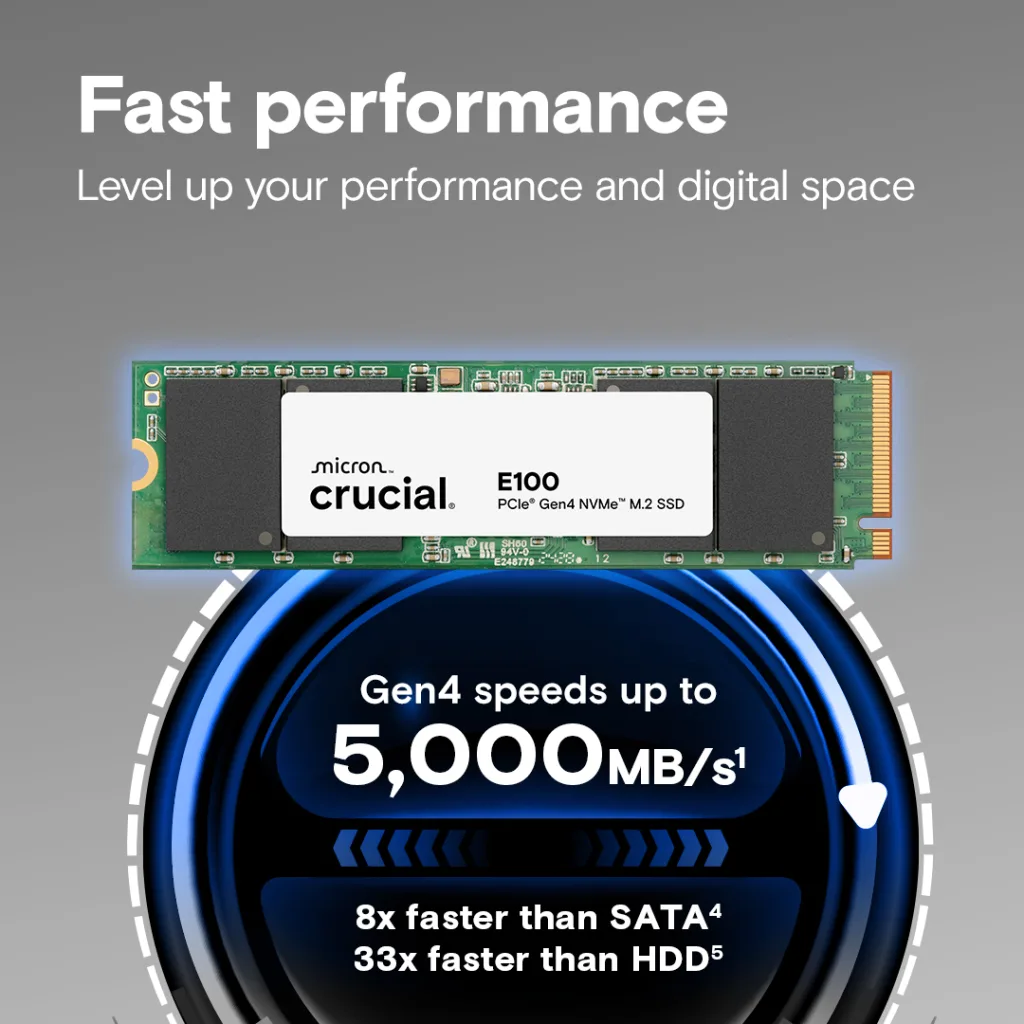 CRUCIAL CT1000E100SSD8, E100, 1TB, 5000/4500, Gen4, NVME PCIe M.2 2280, SSD