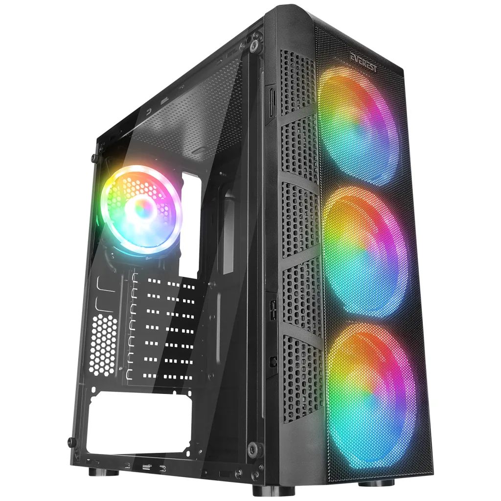 EVEREST CREST-V1, Mesh, PSU Yok, 4x12cm RGB Fan, Temperli Cam Yan Panel, ATX, GAMING KASA