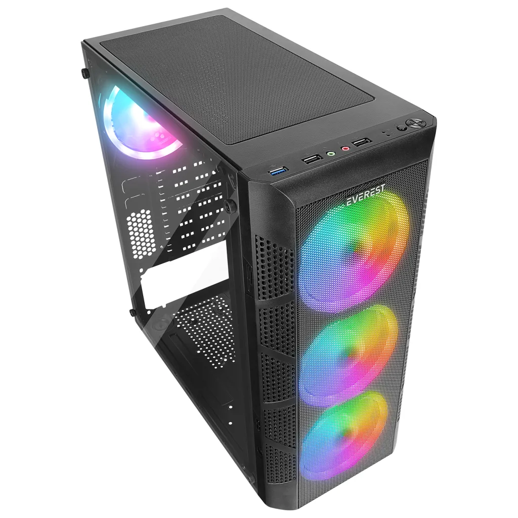 EVEREST CREST-V1, Mesh, PSU Yok, 4x12cm RGB Fan, Temperli Cam Yan Panel, ATX, GAMING KASA