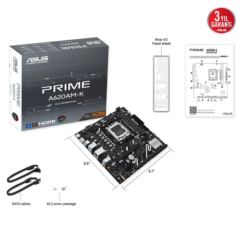 ASUS PRIME A620AM-K, 2xDDR5, 1x M.2, DP, HDMI, AM5 Soket Anakart