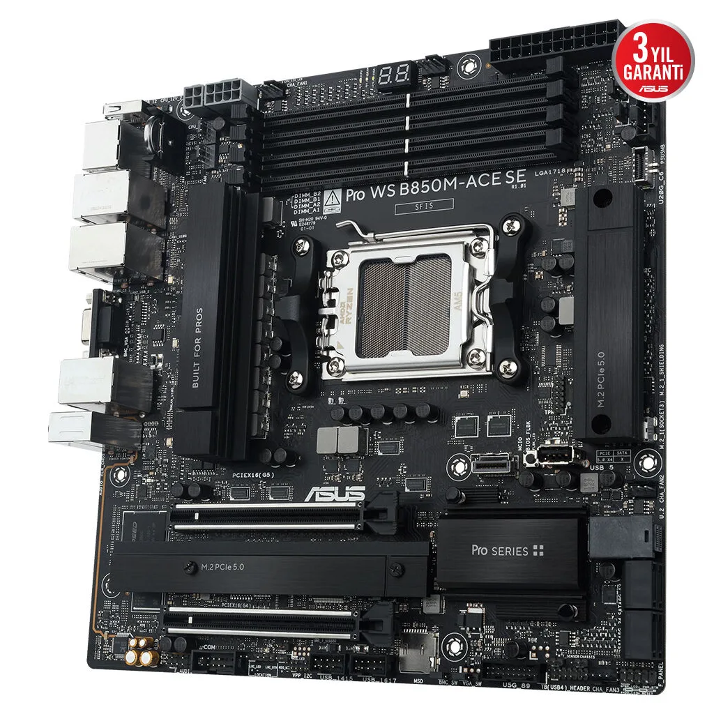 ASUS PRO WS B850M-ACE SE, 4xDDR5, 2xM.2, HDMI, DP, Type-C, D-SUB, PCIe 5.0, AM5 Soket Micro-ATX Anakart