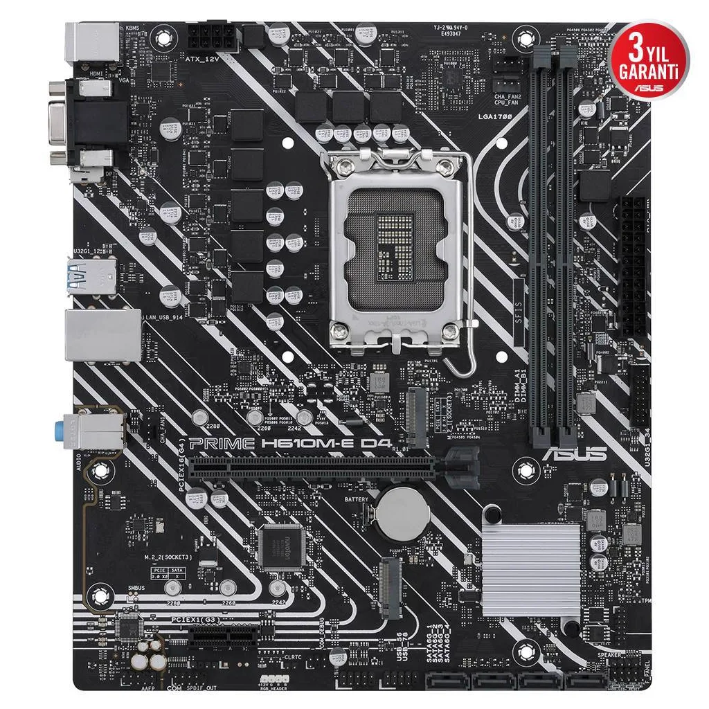 ASUS PRIME H610M-E D4-CSM, 2xDDR4, 2x M.2, D-SUB, HDMI, DP, 12-13.14.Nesil, LGA1700 Soket, Anakart