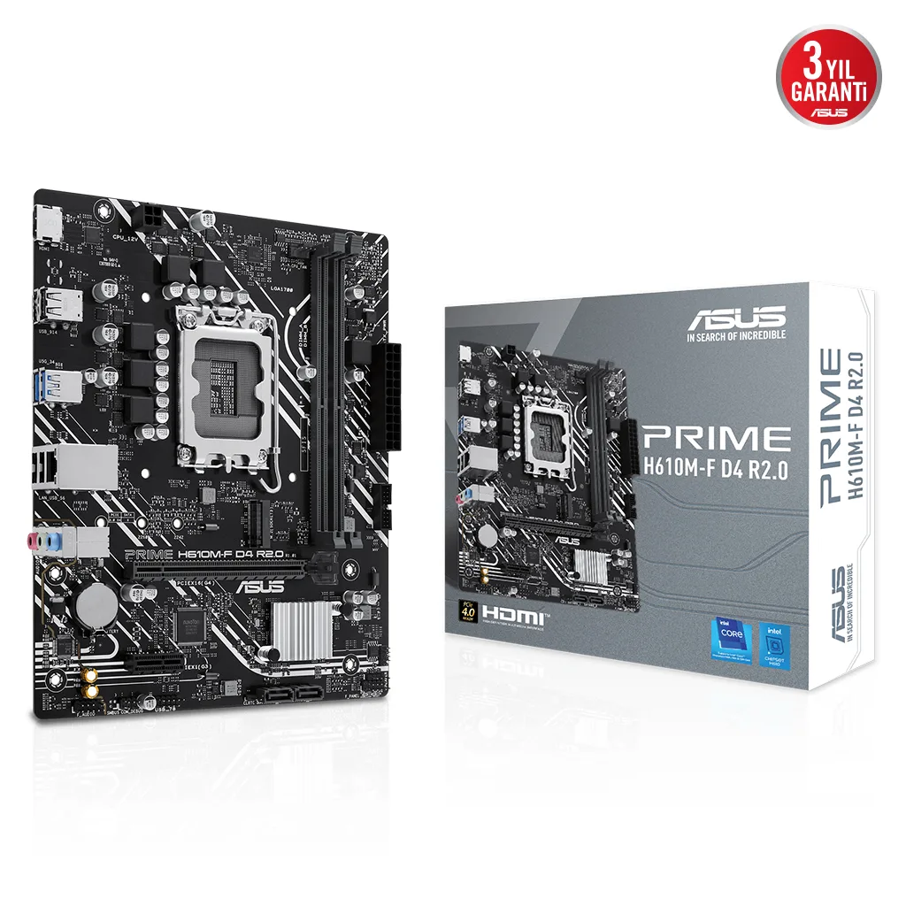 ASUS PRIME H610M-F D4 R2.0, 2xDDR4, M.2, HDMI, 12-13.14.Nesil, LGA1700 Soket, Anakart