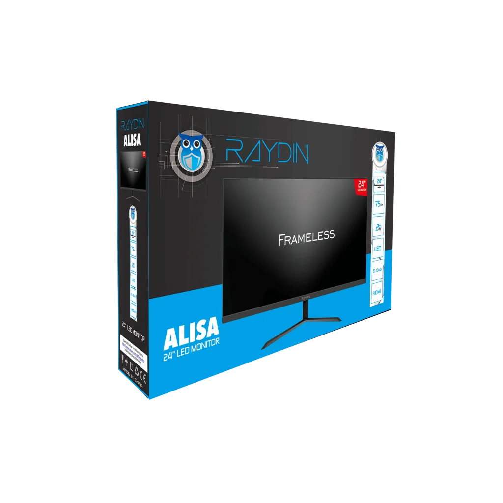 RAYDIN ALISA, 24", 2ms, 75Hz, Full HD, 250 nits, D-Sub, HDMI, Frameless, VA LED Monitör (Siyah)