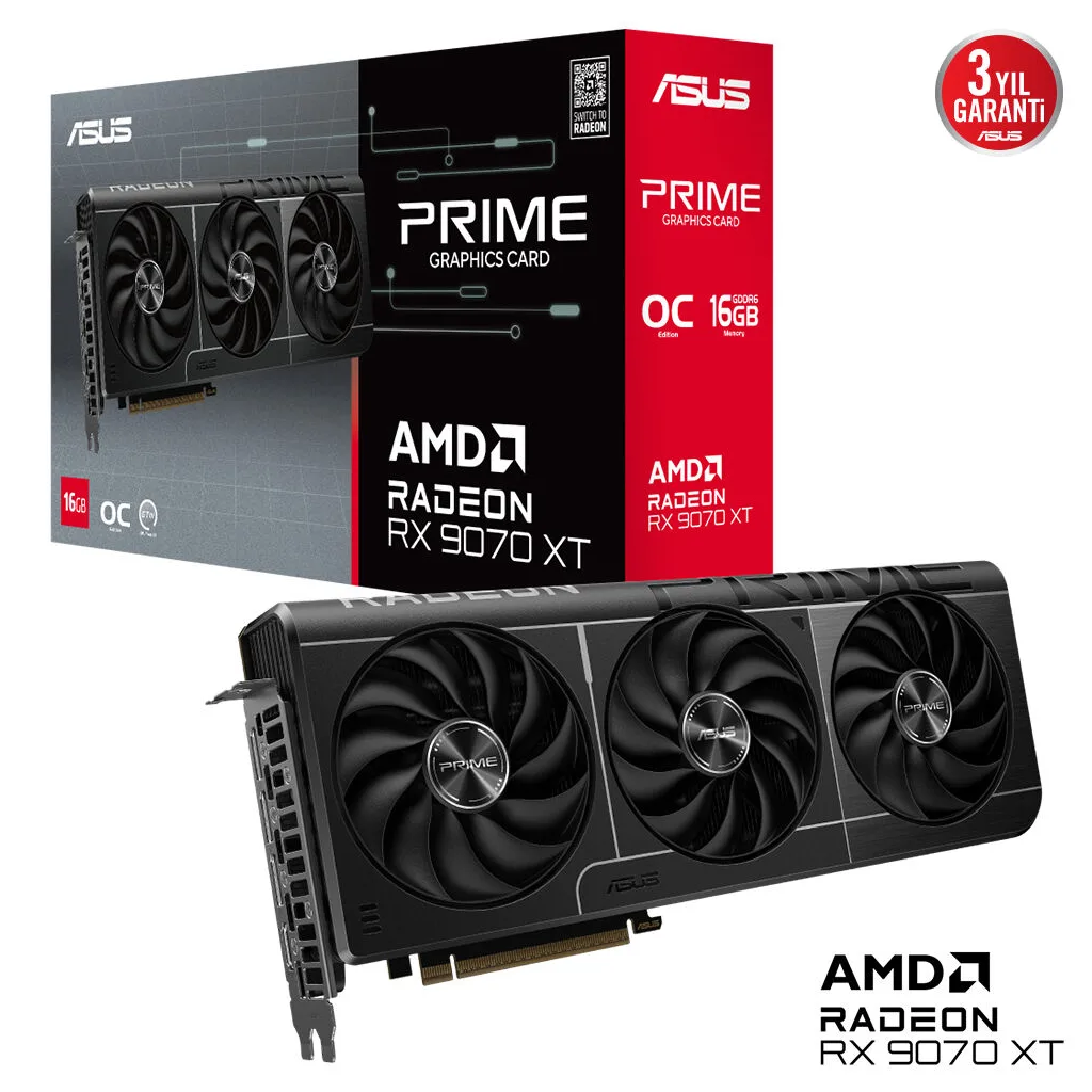 ASUS PRIME-RX9070XT-O16G, 16Gb, 256Bit, GDDR6, 1xHDMI, 3xDP, GAMING Ekran Kartı