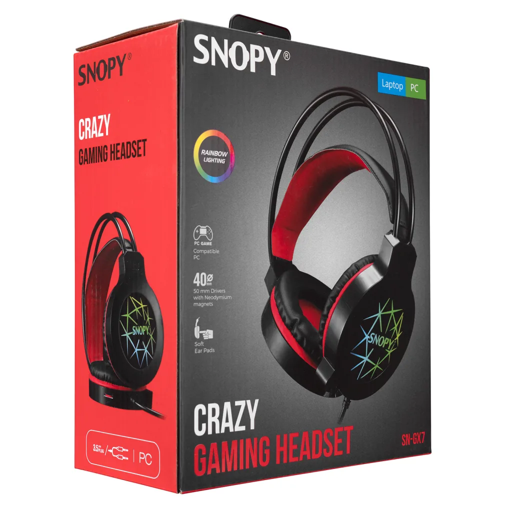 SNOPY SN-GX7, CRAZY, Kablolu, 3.5mm Jac, USB, Rainbow Aydınlatma, Gaming, Mikrofonlu, Kulaklık (Siyah)