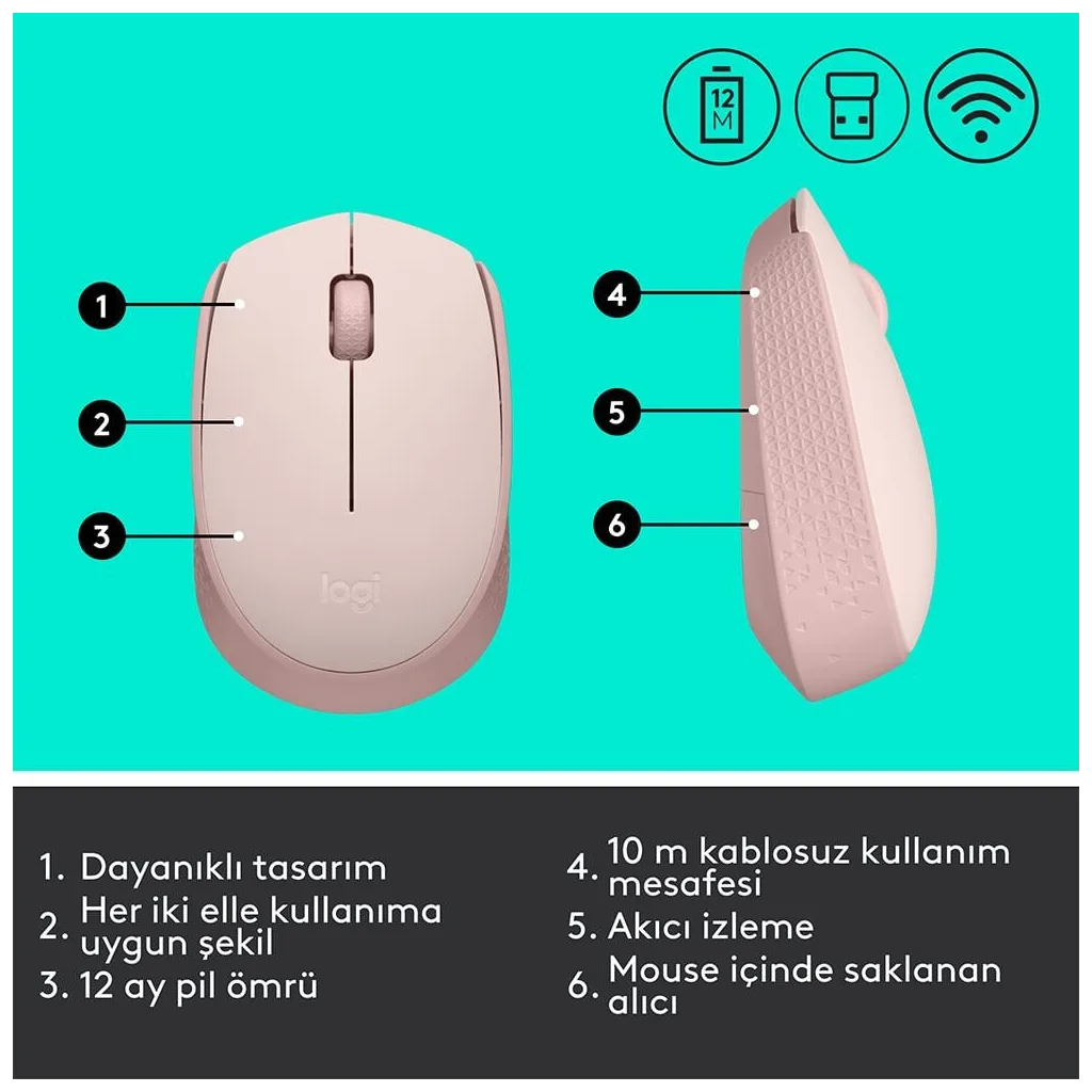 LOGITECH 910-006865, M171 Rose, USB Nano 2,4G Kablosuz, 1000dpi, Optik, 3 Tuşlu, 12ay Pil Ömrü, Mouse