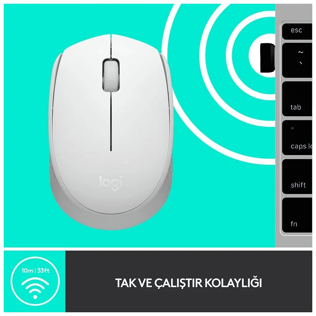 LOGITECH 910-006867, M171 White, USB Nano 2,4G Kablosuz, 1000dpi, Optik, 3 Tuşlu, 12ay Pil Ömrü, Mouse