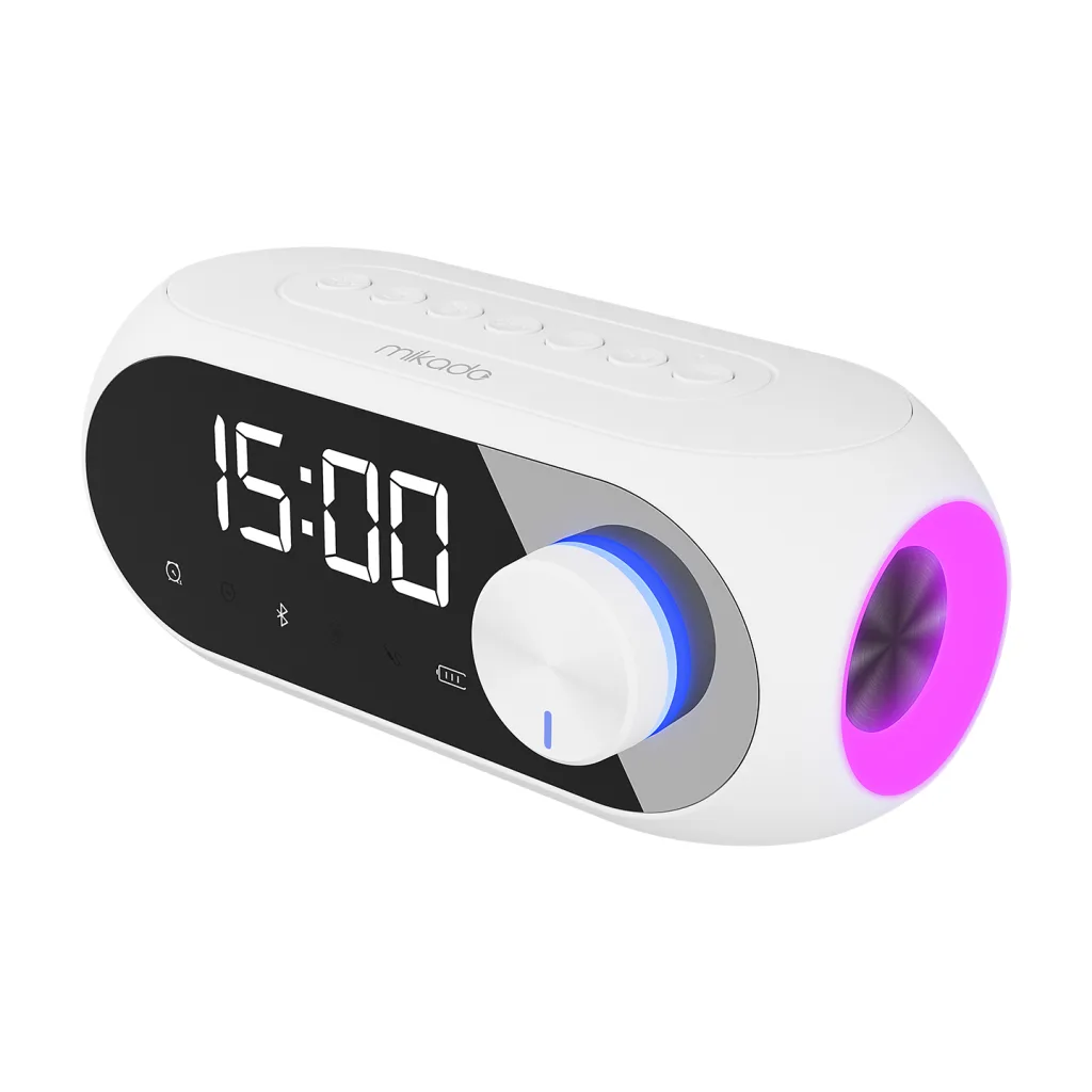 MIKADO MD-W7, Beyaz, 5W, FM Radyo, USB, AUX, Bluetooth, Kablosuz, Taşınabilir, 1200mAh Batarya, Alarmlı Saat, Derece ve
