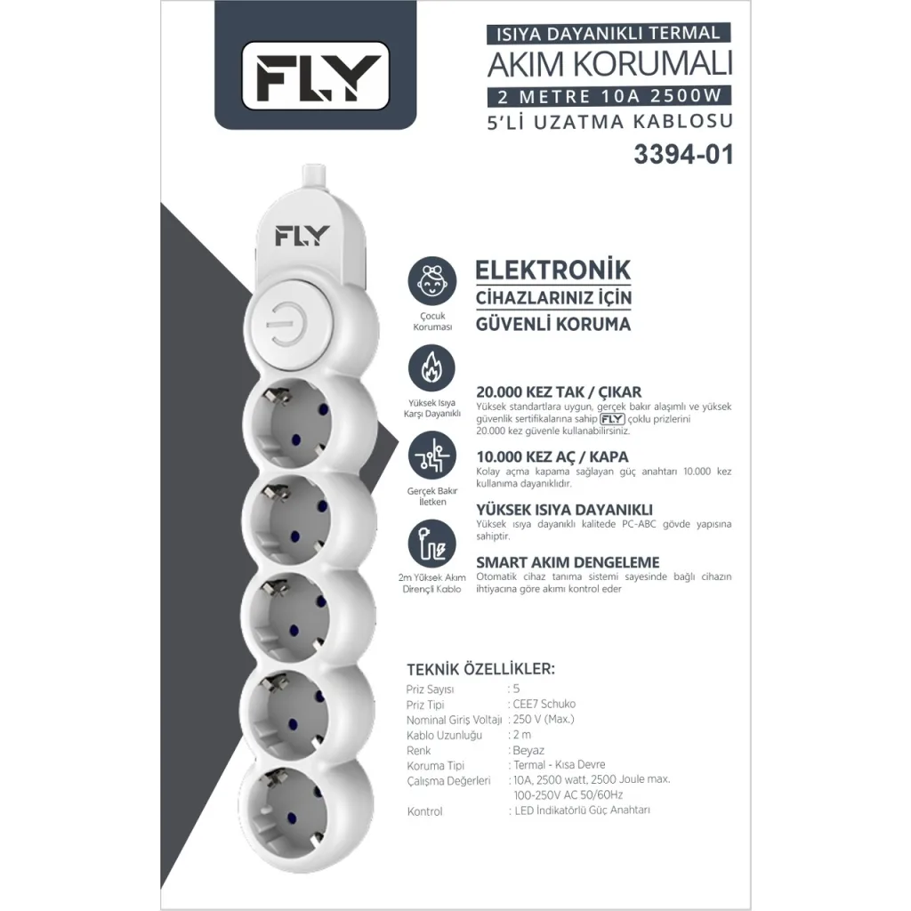 FLY 3394-01, 5 Soket, Akım Korumalı Priz, 2.1A, Anahtarlı, 2Mt Kablo, (Beyaz)