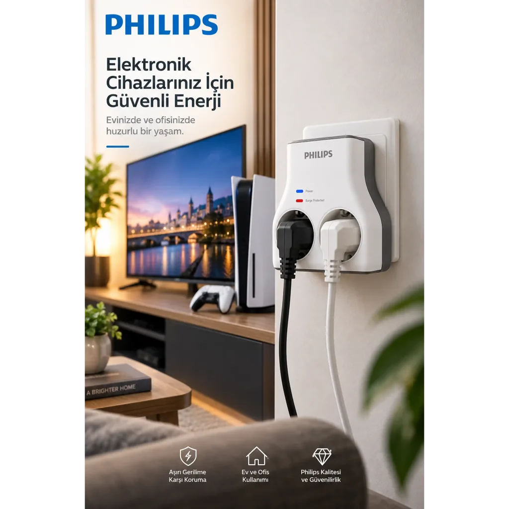PHILIPS CHP7022W/62, 2li, Akım Korumalı Priz, 1140 Joules, (Beyaz)