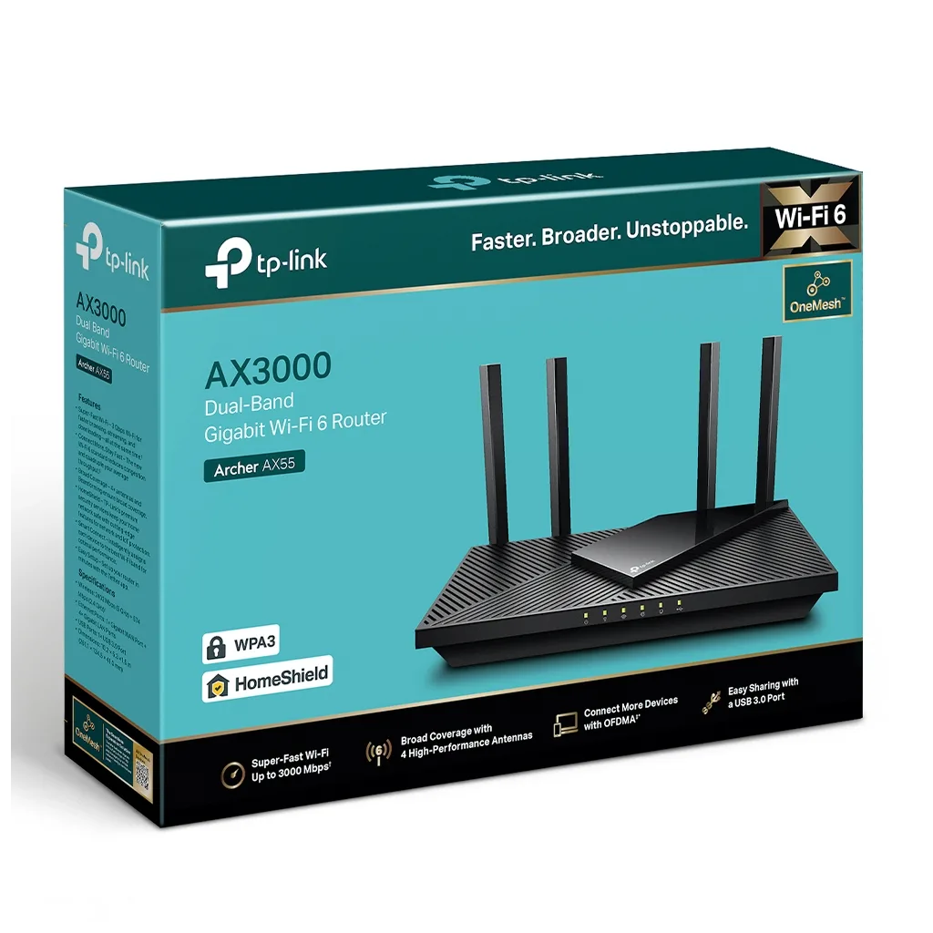 TP-LINK ARCHER AX55, AX3000, 4Port, 3000Mbps, Dual Band, Wifi 6, Masaüstü, Gigabit, Router, Access Point