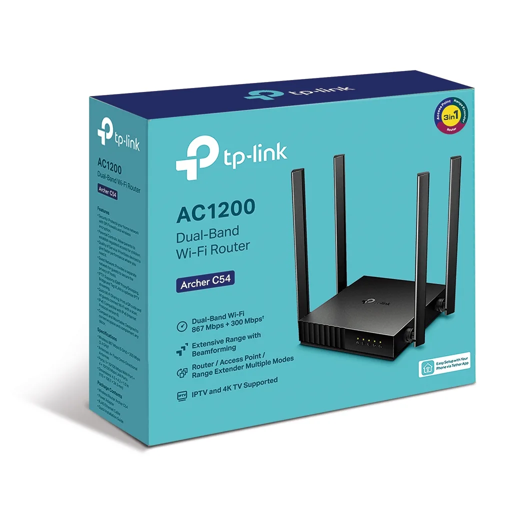 TP-LINK ARCHER C54, AC1200, 4Port, 1200Mbps, Dual Band WiFi, Masaüstü, Megabit, Router, Access Point, Range Extender