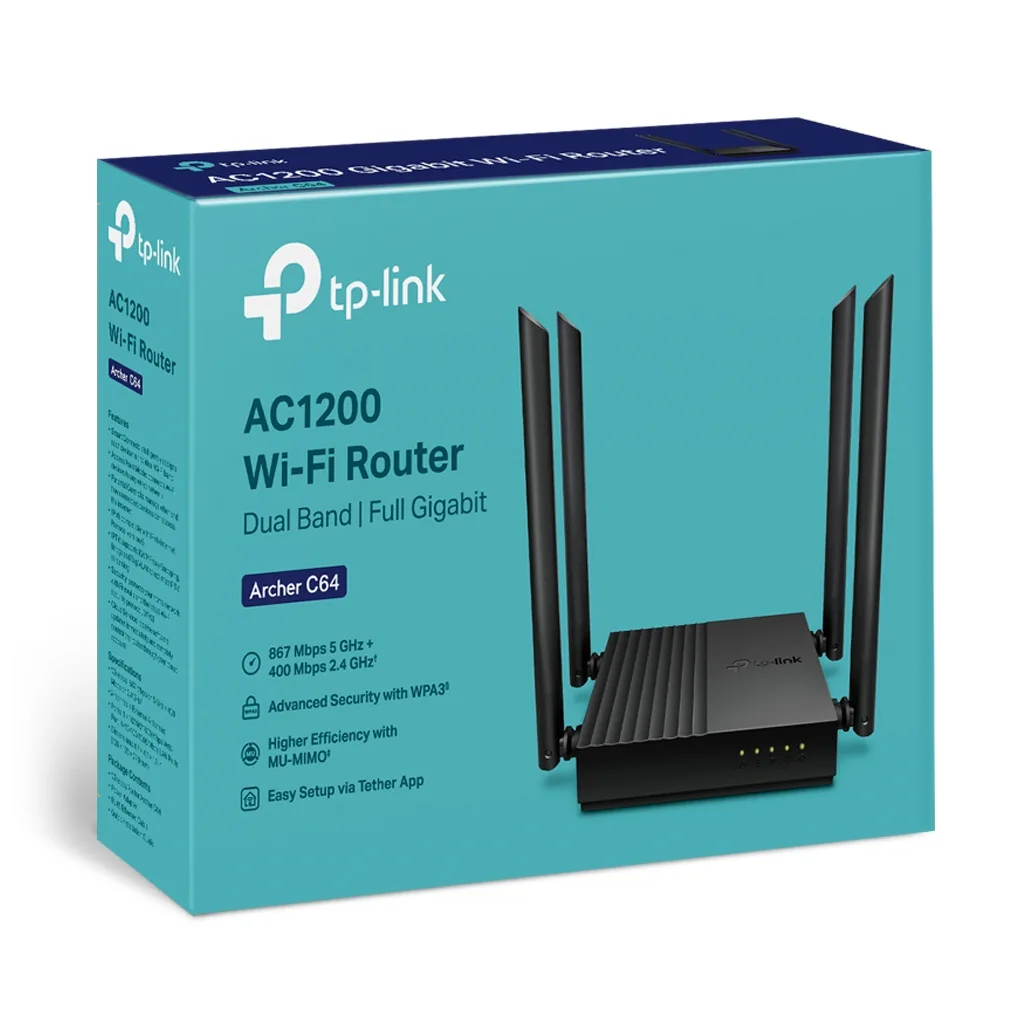 TP-LINK ARCHER C64, AC1200, 4Port, 1200Mbps, Dual Band WiFi, Masaüstü, Gigabit, Router, Access Point