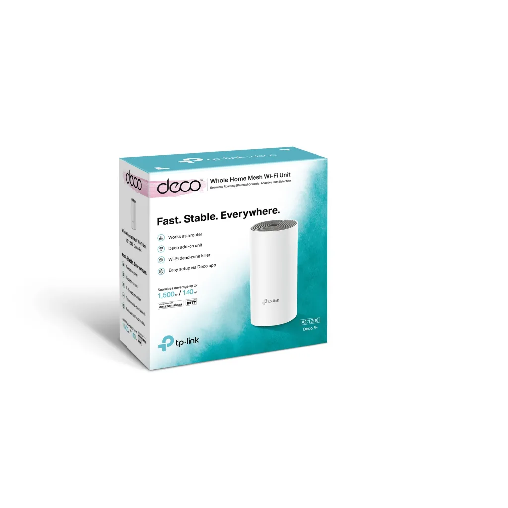 TP-LINK DECO-E4, AC1200, Tekli Mesh, 1200Mbps, Dual Band, 2Port Megabit Lan, 140m2 Çekim Alanı, Router, Geniş Alan İnter