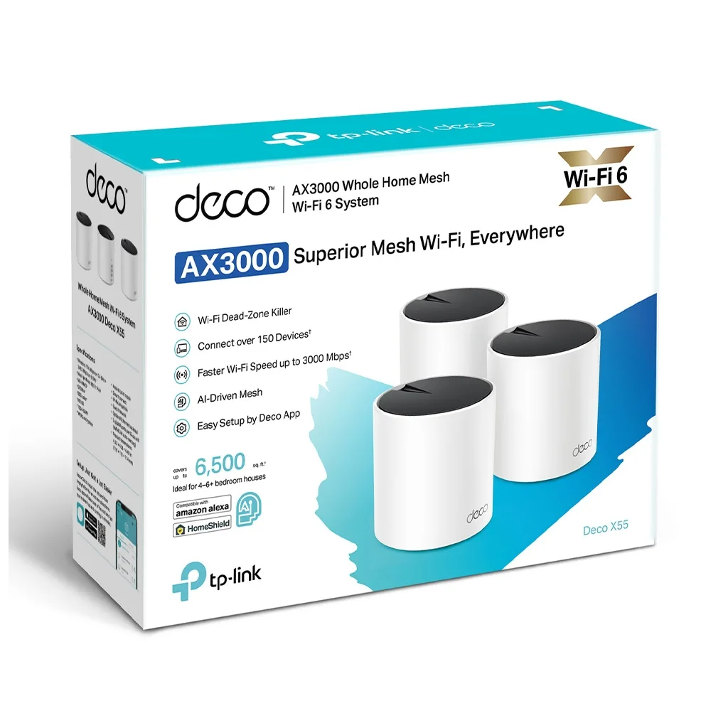 TP-LINK DECO-X55, AX3000, Üçlü Mesh, 3000Mbps, Dual Band, WiFi6, 3Port Gigabit Lan, 600m2 Çekim Alanı, Router, Geniş Ala