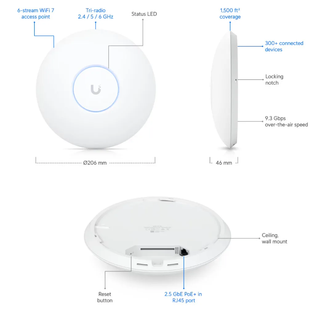 UBIQUITI UAP-U7-PRO, UniFi, Triple Band, 5765Mbps, Wifi7, Tavan Tipi, Access Point (Poe Adaptör Çıkmaz)