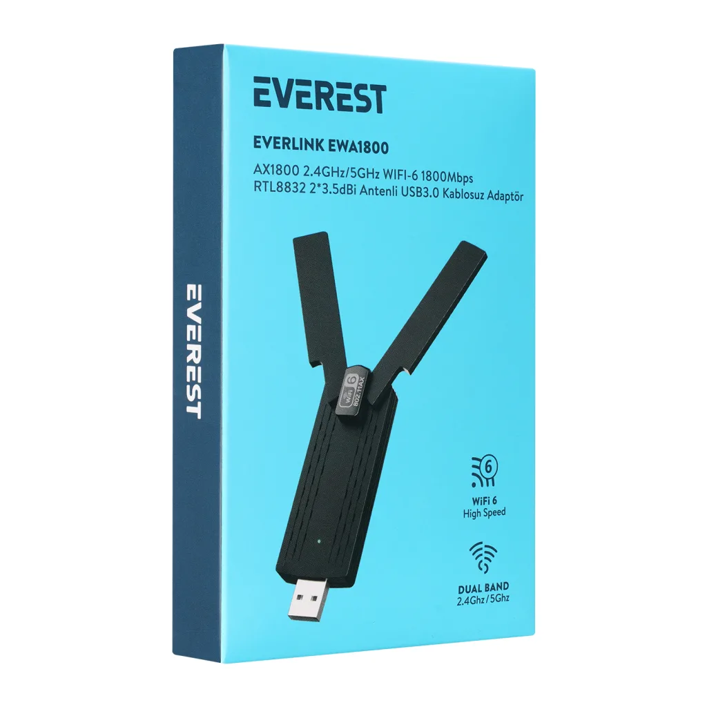 EVEREST EWA1800, 1800Mbp, 2.4Ghz ve 5Ghz Dual Band, WIFI 6, 2x3.5dbi Anten, USB3.0, WIRELESS ETHERNET