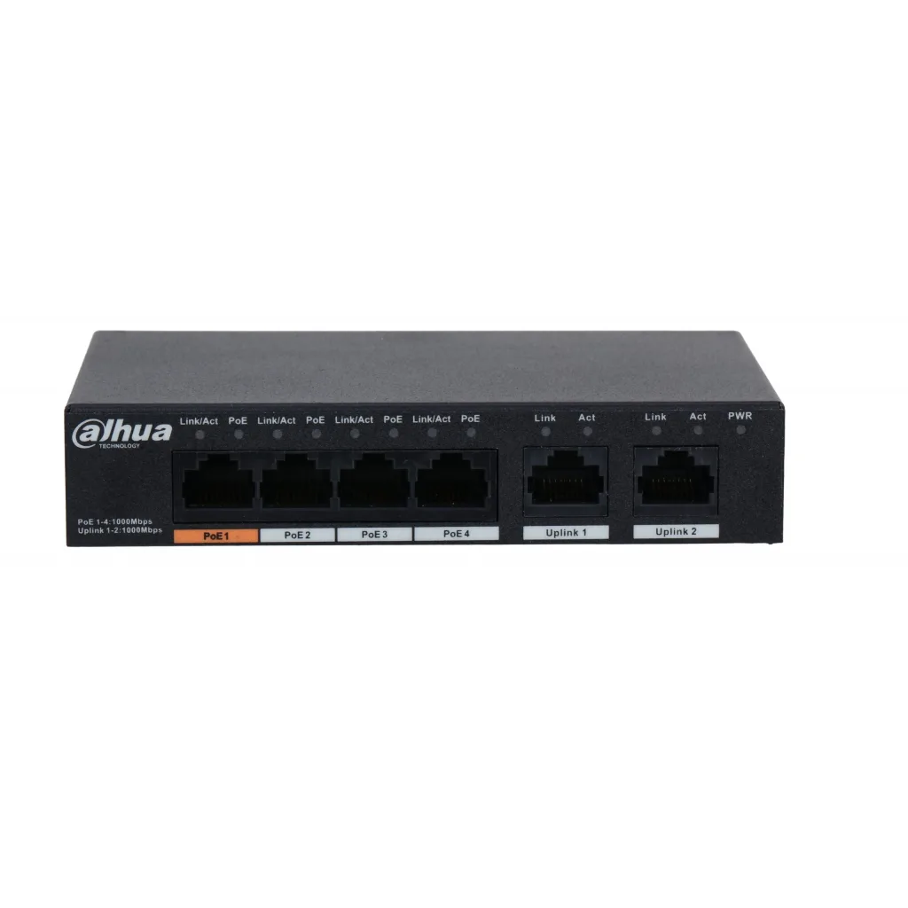 DAHUA PFS3006-4GT-60-V2, 4 Port, Gigabit, PoE 60W, 2 Port Uplink, Yönetilemez, Masaüstü Switch