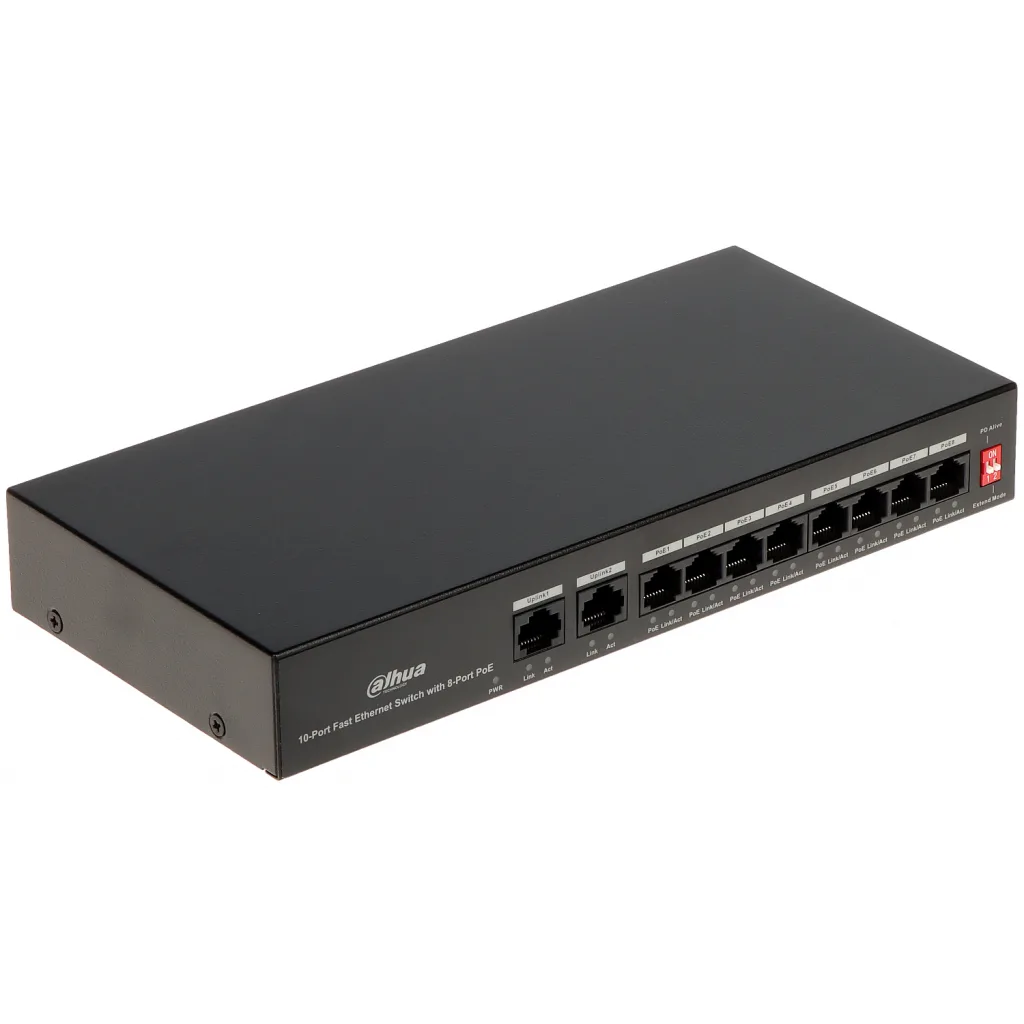 DAHUA PFS3010-8ET-65, 8 Port, MegaBit, PoE 65W, 2 Port Uplink, Yönetilemez, Masaüstü Switch