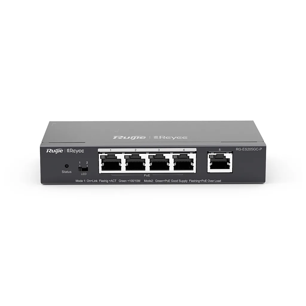 RUIJIE REYEE RG-ES205GC-P, 5 Port GigaBit ,4X PoE 54W RUIJIE Colud Yönetilebilir Switch Metal Kasa