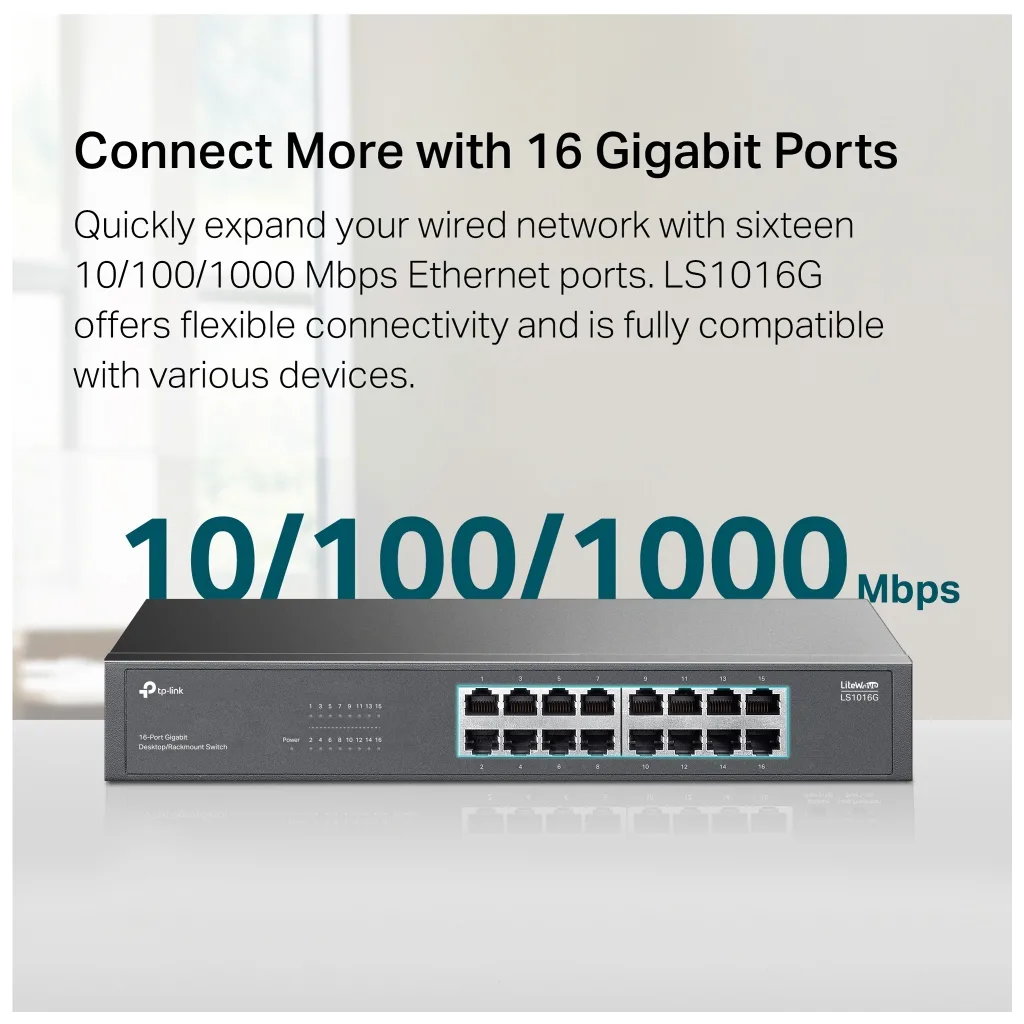 TP-LINK LS1016G, Green Tech, 16 Port GigaBit, Yönetilemez, Metal Kasa, Masaüstü Switch