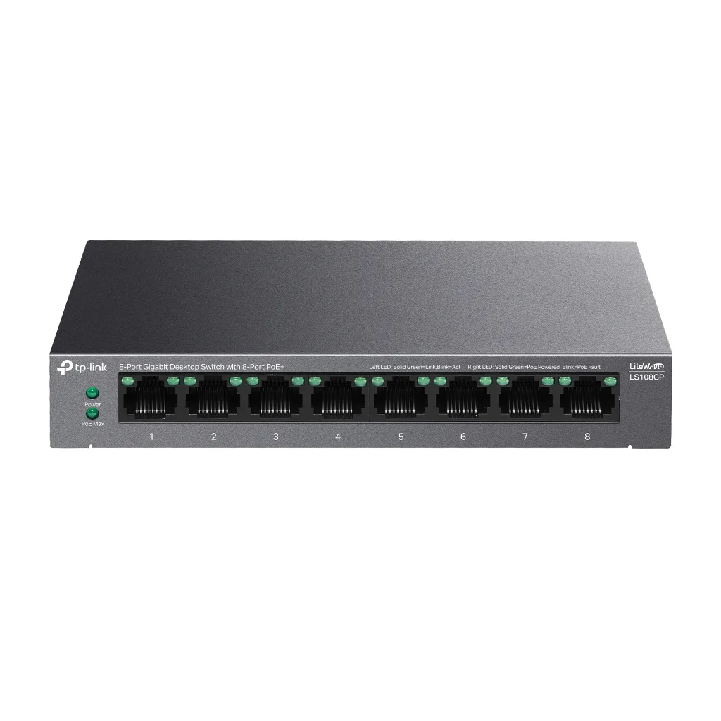 TP-LINK LS108GP, Green Tech, 8 Port GigaBit, PoE 62W, Yönetilemez, Metal Kasalı Switch