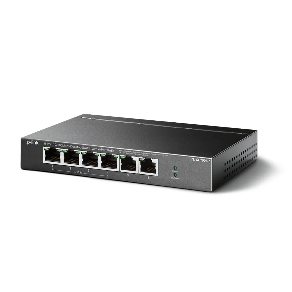 TP-LINK TL-SF1006P, 6 Port, MegaBit, 4 Port PoE 67W, Yönetilemez, Metal Kasalı Switch