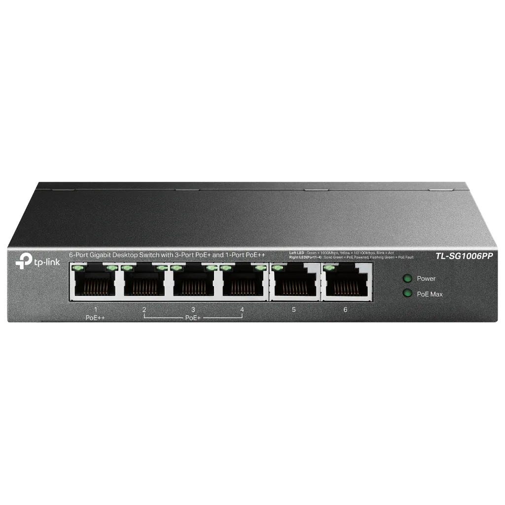 TP-LINK TL-SG1006PP, 6 Port, GigaBit, 4 Port PoE 64W, Yönetilemez, Metal Kasa, Masaüstü Switch