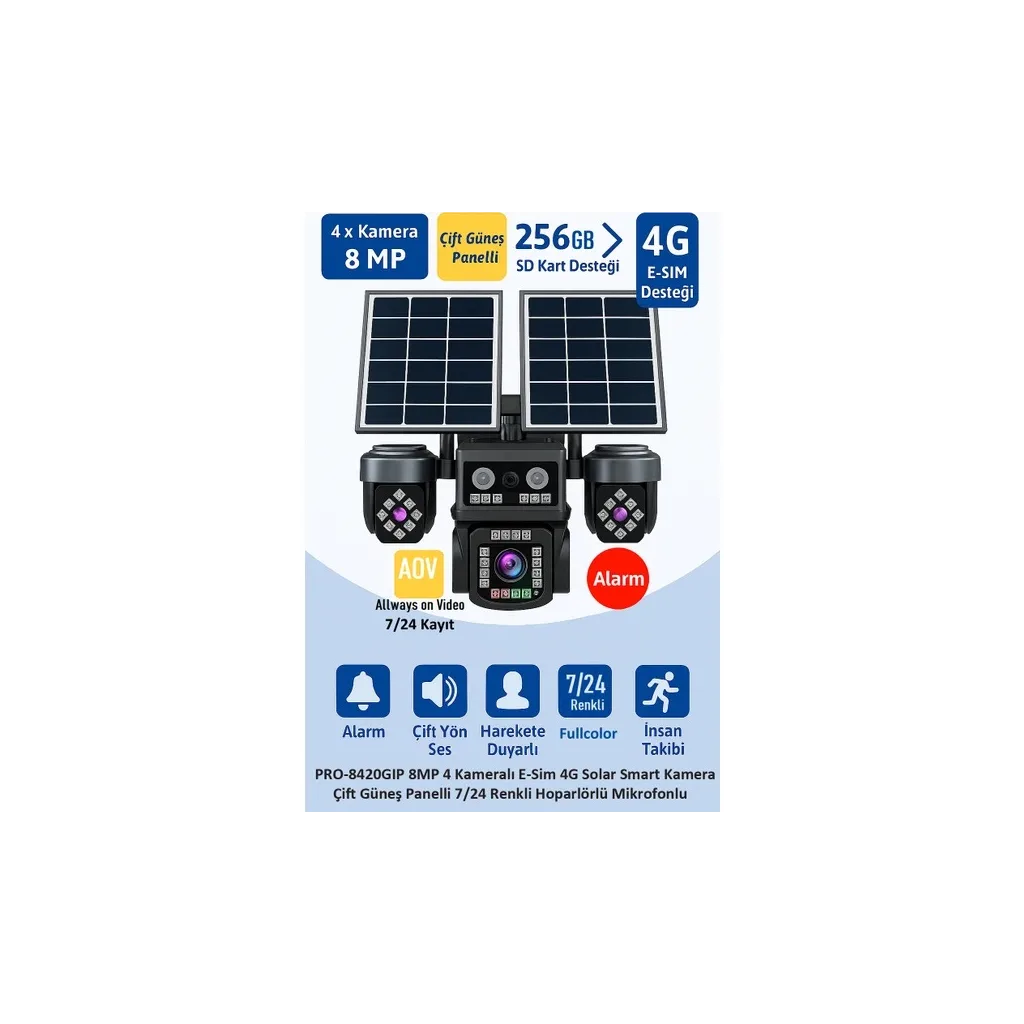 BALANDI PRO-8420GIP 8MP 4 Kameralı 4G AOV ESIM Solar Kamera, HIEASY Yazılım
