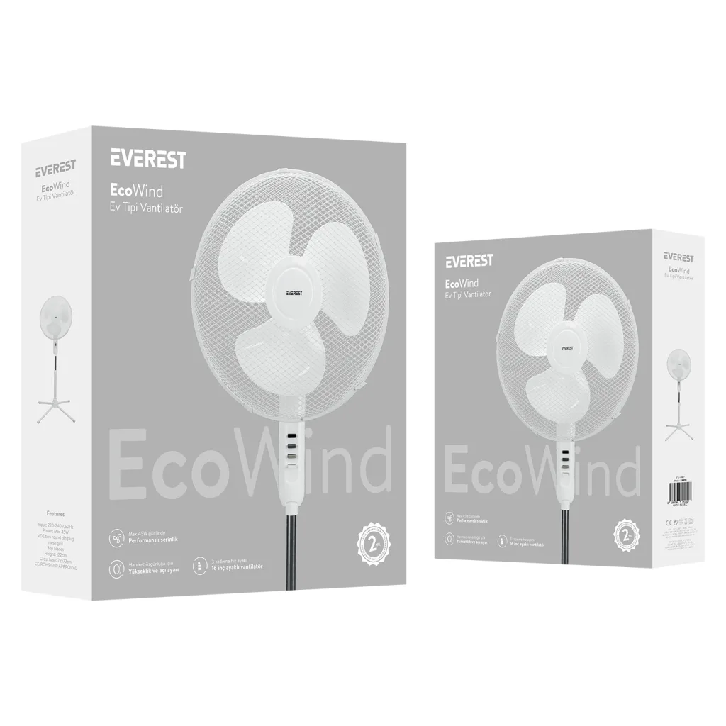 EVEREST FAN10, BEYAZ, EcoWind, 3 Kademeli Hız, 16" Kanat, 45W, Otomatik Salınım, Yükseklik Ayarlı, AC220, Vantilatör
