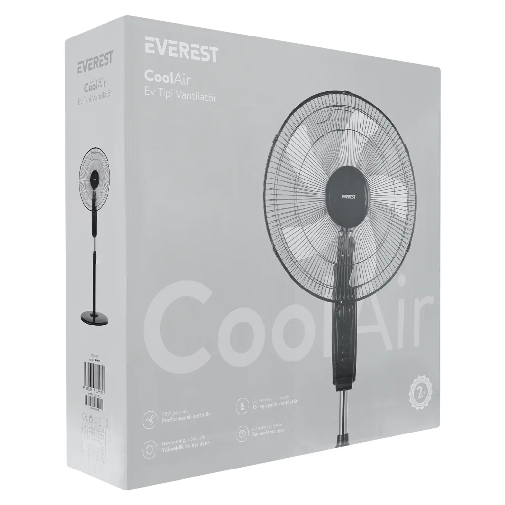 EVEREST FAN11, SİYAH, CoolAir, 3 Kademeli Hız, 16" Kanat, 45W, Otomatik Salınım, Yükseklik Ayarlı, AC220, Vantilatör