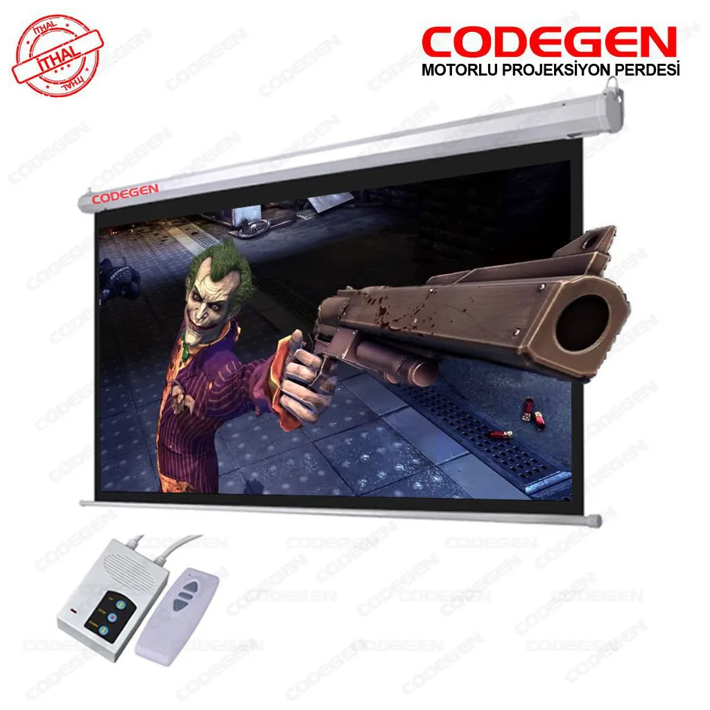 Codegen EX-20 MOTORLU PROJEKSİYON PERDESİ 200x200 Elektrikli Uzaktan Kumandalı (Arkası Siyah Fonlu - Duvar/Tavan Asılabi