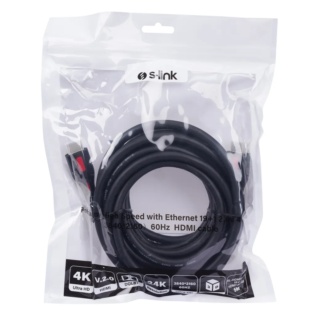 S-LINK SL-HDM4K105, 4K UHD, HDMI v2,0 Kablo. 5mt. 60Hz. Kablo