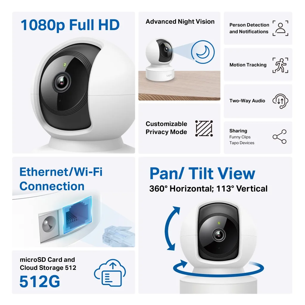 TP-LINK Tapo C202, Bebek/Ev Güvenlik Kamerası, WiFi-Ehernet, 1080P, 12Mt Gece Görüşü, PAN/TILT, iki Yönlü Ses